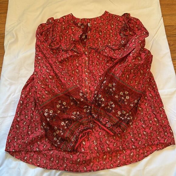 Joie Peasant Style Floral Print Long Sleeve shirt Button Down Ruffled Detail LG - Picture 8 of 10